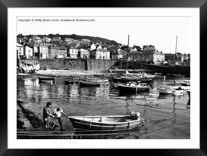 Mousehole in Cornwall 1980's B&W Framed Mounted Print by Philip Brown