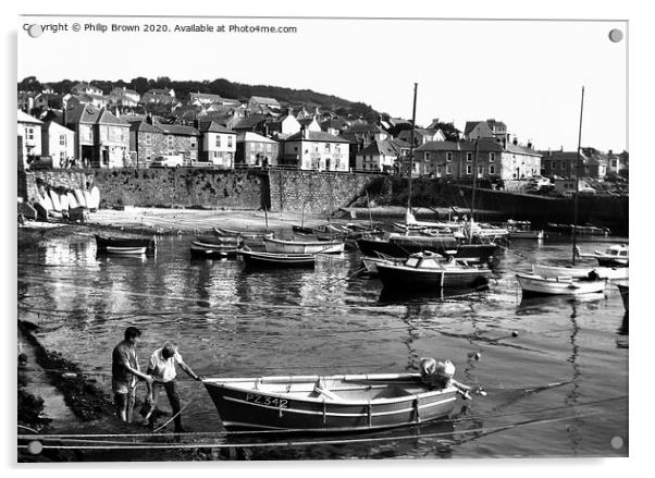 Mousehole in Cornwall 1980's B&W Acrylic by Philip Brown
