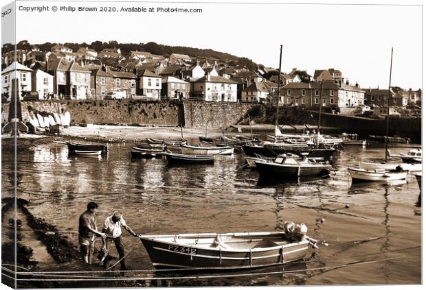 Mousehole in Cornwall 1980's Sepia Canvas Print by Philip Brown