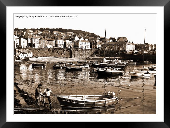 Mousehole in Cornwall 1980's Sepia Framed Mounted Print by Philip Brown