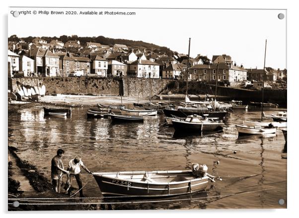 Mousehole in Cornwall 1980's Sepia Acrylic by Philip Brown