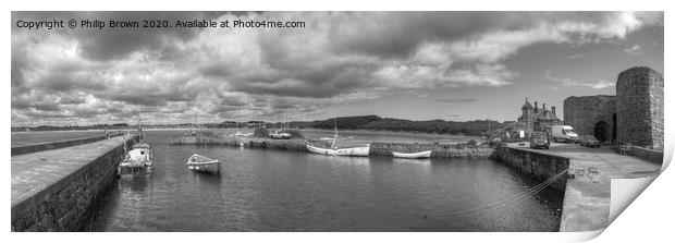 Beadnell Harbour, Northumbri, B&W Panorama 1 Print by Philip Brown