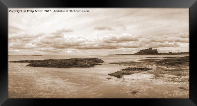 Bamburgh Castle from the Beach, Sepia Panorama Framed Print by Philip Brown