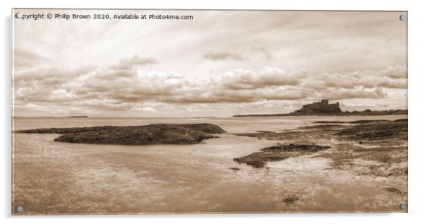 Bamburgh Castle from the Beach, Sepia Panorama Acrylic by Philip Brown