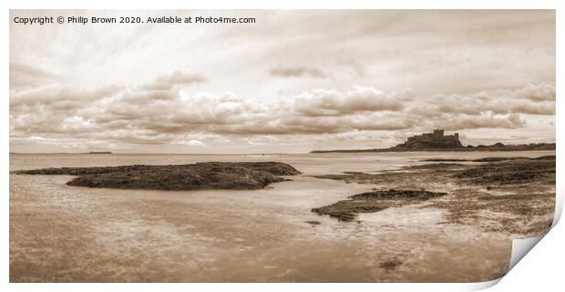 Bamburgh Castle from the Beach, Sepia Panorama Print by Philip Brown