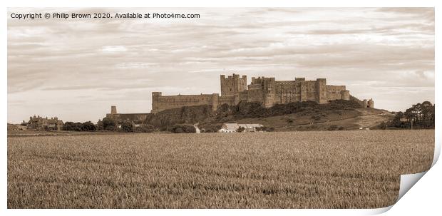 Bamburgh Castle in Northumberland, Sepia Panorama Print by Philip Brown