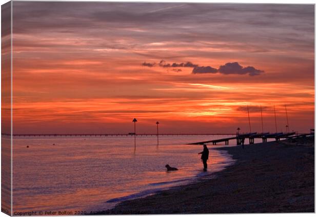 Deep orange sunset over the sea at Westcliff on Sea, Essex, UK. Canvas Print by Peter Bolton