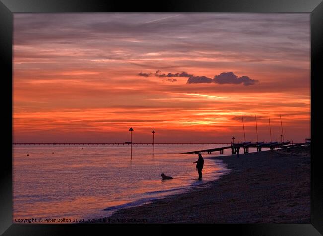 Deep orange sunset over the sea at Westcliff on Sea, Essex, UK. Framed Print by Peter Bolton