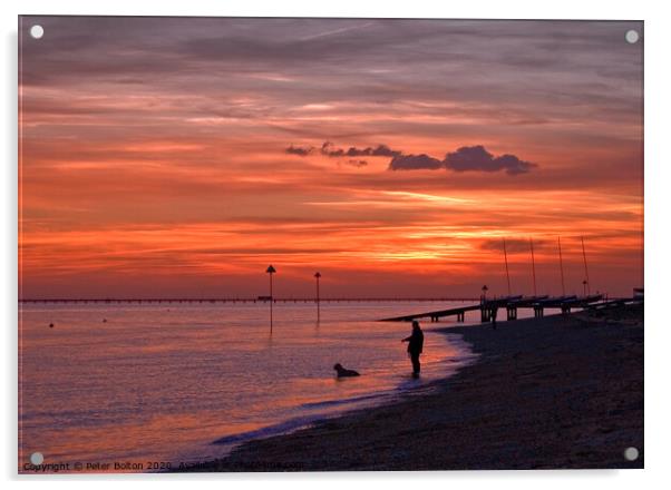 Deep orange sunset over the sea at Westcliff on Sea, Essex, UK. Acrylic by Peter Bolton