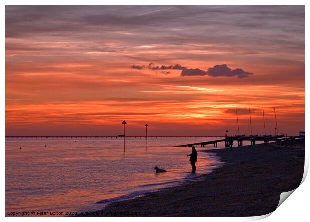 Deep orange sunset over the sea at Westcliff on Sea, Essex, UK. Print by Peter Bolton