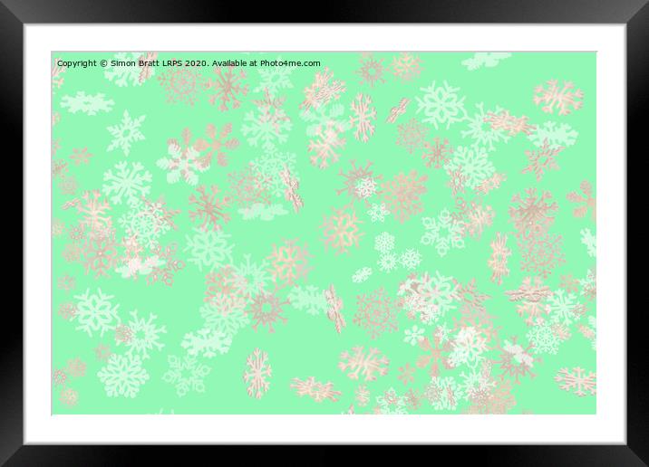 Falling snowflakes pattern on green background Framed Mounted Print by Simon Bratt LRPS