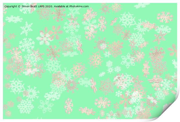 Falling snowflakes pattern on green background Print by Simon Bratt LRPS