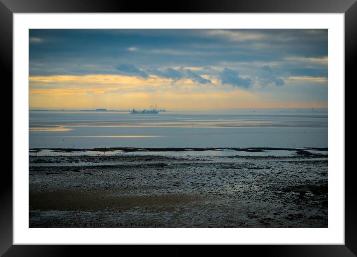 Evening on the Thames estuary from Thorpe Bay,Essex, looking towards Kent coastline Framed Mounted Print by Peter Bolton