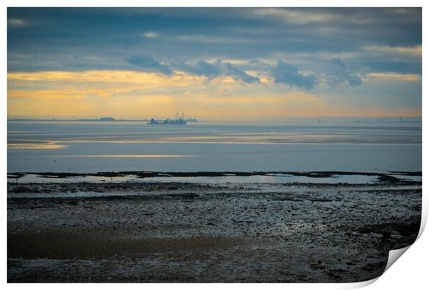 Evening on the Thames estuary from Thorpe Bay,Essex, looking towards Kent coastline Print by Peter Bolton