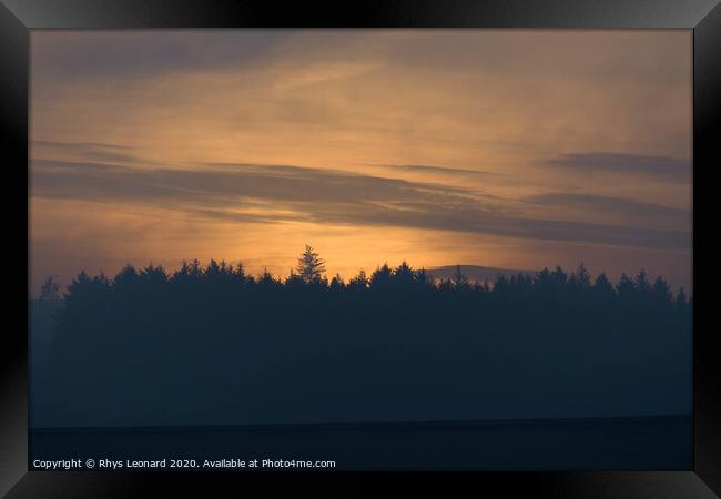 Amber glow at dusk, just after sunset, behind a coniferous forest Framed Print by Rhys Leonard