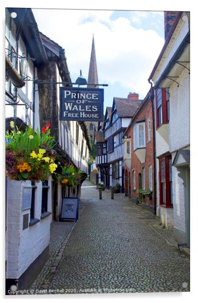 Church Lane in Ledbury, Herefordshire. Acrylic by David Birchall