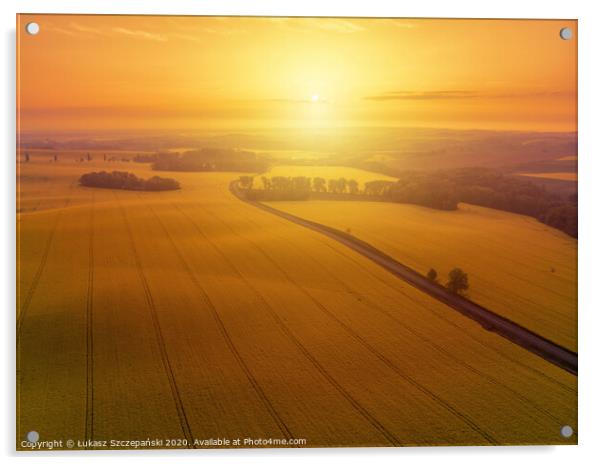 Aerial view of yellow canola field and country roa Acrylic by Łukasz Szczepański