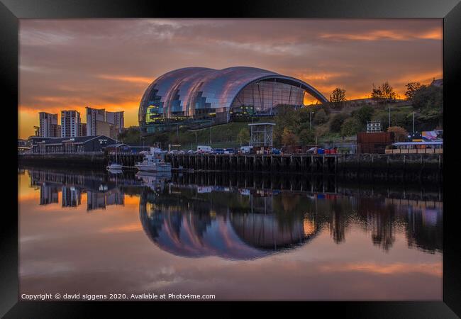 Gateshead Sage sunrise reflections Framed Print by david siggens