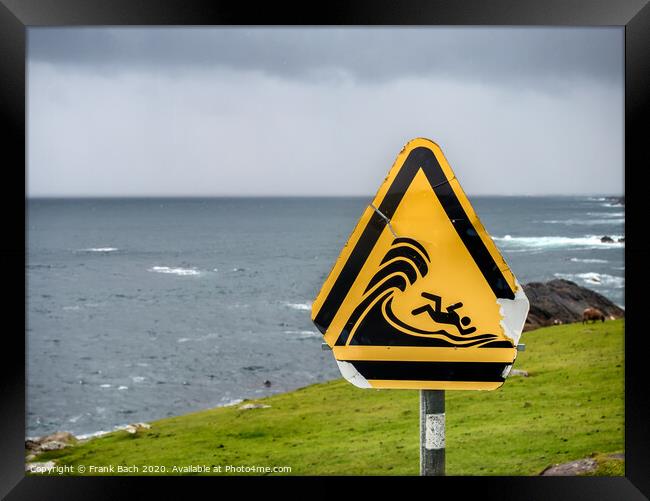 Dangerous waves warning sign, Ireland Framed Print by Frank Bach