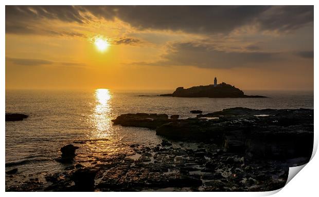 Godrevy Lighthouse at sunset Print by Brenda Belcher