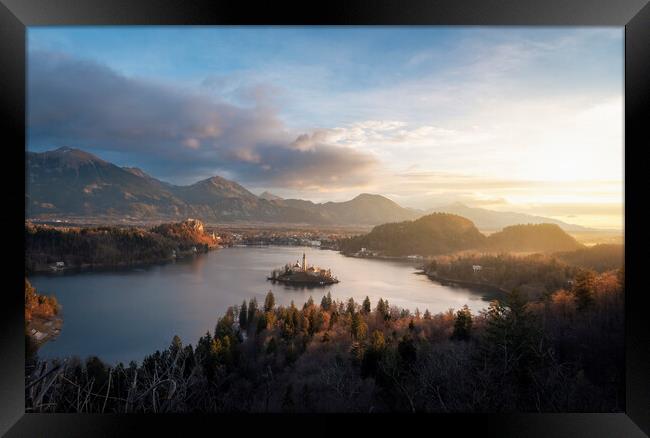 Bled landscape with island, lake and Julian Alps at sunrise in Slovenia Framed Print by Daniela Simona Temneanu