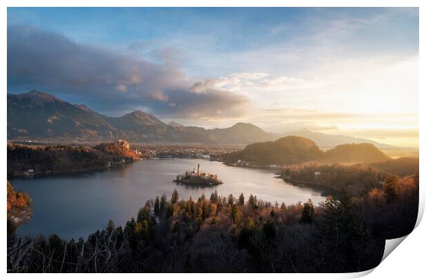 Bled landscape with island, lake and Julian Alps at sunrise in Slovenia Print by Daniela Simona Temneanu