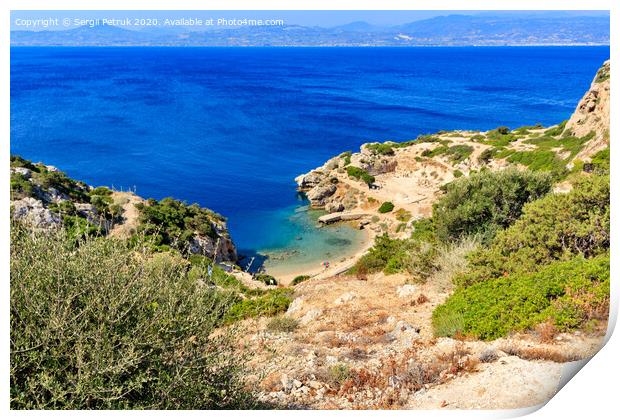 A beautiful view from a steep rocky slope on the Corinthian Gulf and the blue lagoon on the coast, a beautiful view from above. Print by Sergii Petruk