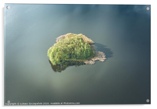 Aerial view of small island on the lake and clouds Acrylic by Łukasz Szczepański