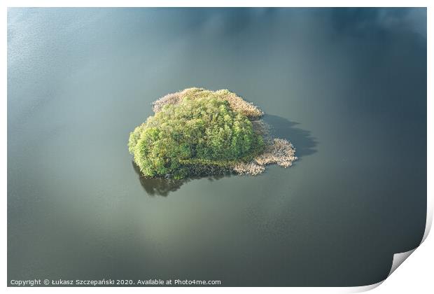 Aerial view of small island on the lake and clouds Print by Łukasz Szczepański