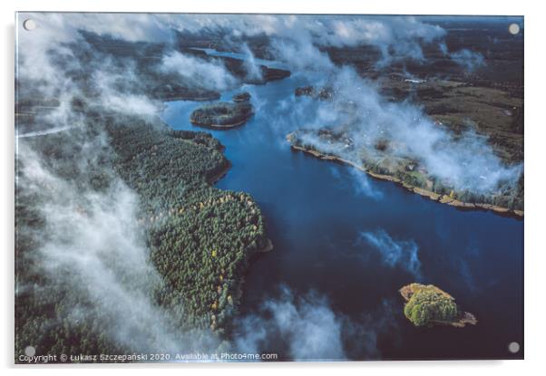 Above the clouds, aerial view of lake and forest Acrylic by Łukasz Szczepański