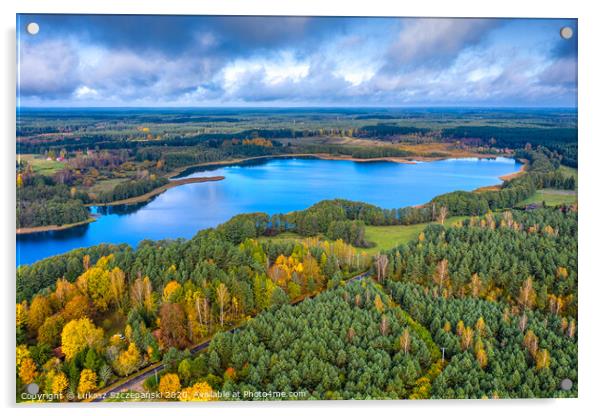 Aerial view of Omulew lake under blue cloudy sky Acrylic by Łukasz Szczepański