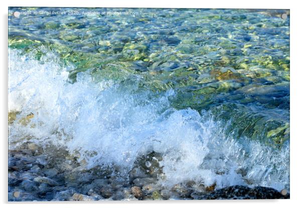 A splash of pure turquoise sea wave on pebble on the seashore. Acrylic by Sergii Petruk
