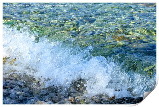 A splash of pure turquoise sea wave on pebble on the seashore. Print by Sergii Petruk