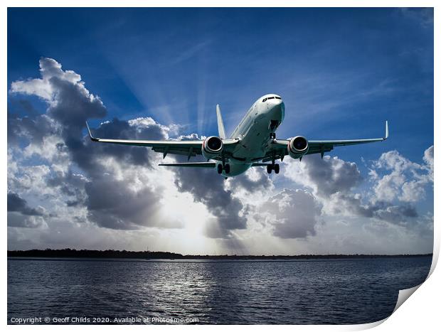Jet Airliner Flying in subeams Print by Geoff Childs