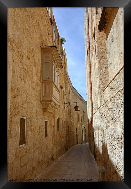 Narrow Street in Mdina, Rabat, Malta. Framed Print by Carole-Anne Fooks