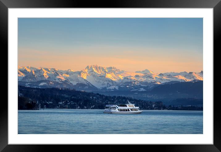 Zurich lake and swiss alps at sunset Framed Mounted Print by Daniela Simona Temneanu