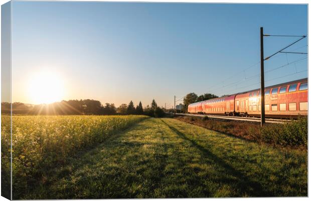 Passenger train and rapeseed field. Spring landscape at sunrise Canvas Print by Daniela Simona Temneanu