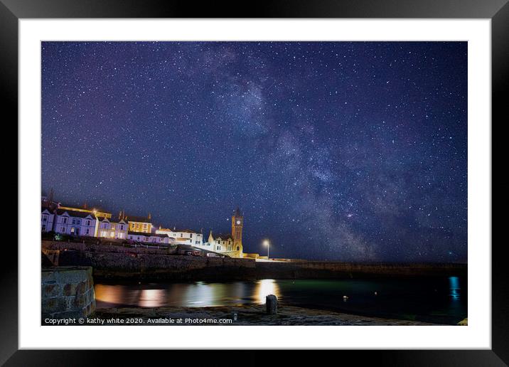 Porthleven harbour with Clock tower, Milky way  Framed Mounted Print by kathy white
