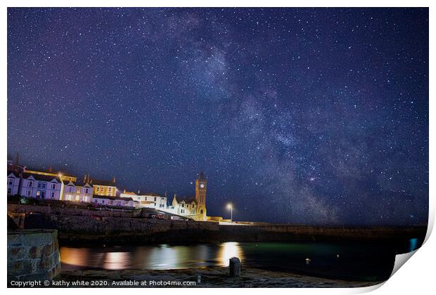 Porthleven harbour with Clock tower, Milky way  Print by kathy white