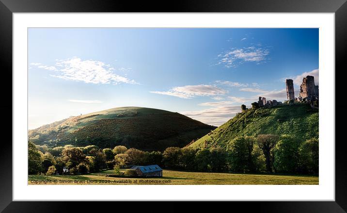 Corfe Castle morning panoramic Framed Mounted Print by Simon Bratt LRPS