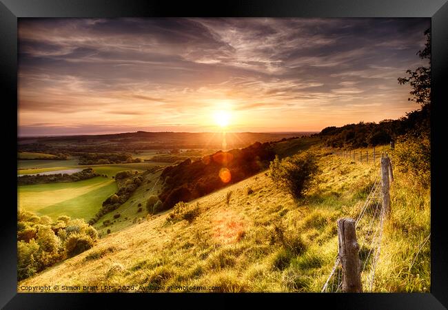 Winchester hill fence sunset Framed Print by Simon Bratt LRPS