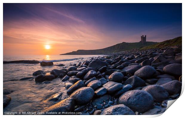 Dunstanburgh castle at sunrise Print by Bill Allsopp