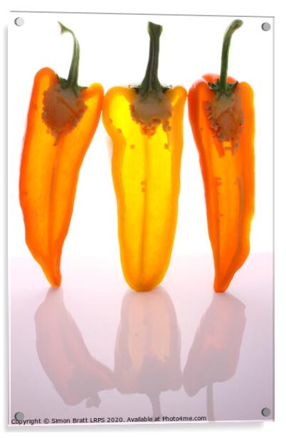 Peppers in half with light through them Acrylic by Simon Bratt LRPS