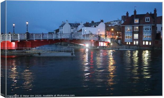 Whitby swing bridge at a very high spring tide Canvas Print by Peter Orr