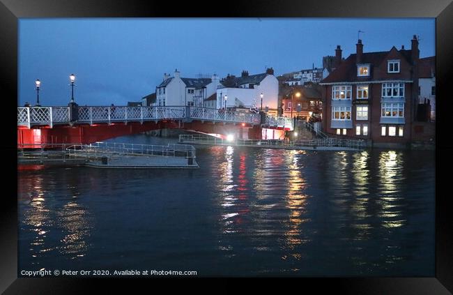 Whitby swing bridge at a very high spring tide Framed Print by Peter Orr