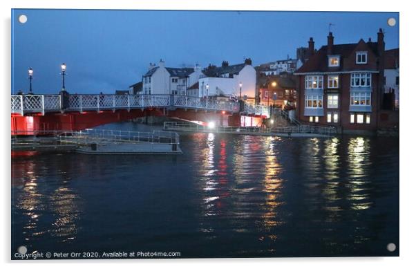 Whitby swing bridge at a very high spring tide Acrylic by Peter Orr
