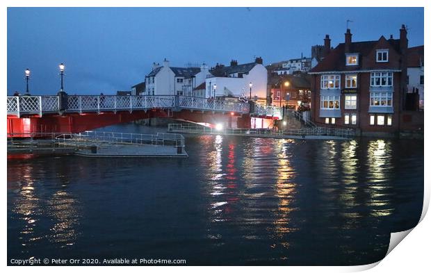 Whitby swing bridge at a very high spring tide Print by Peter Orr