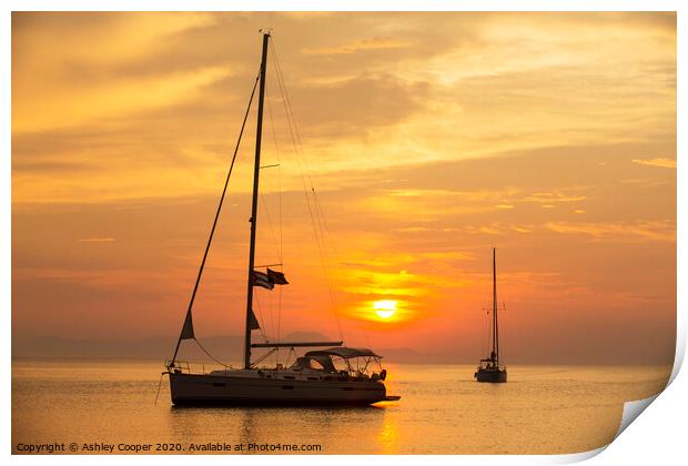 Sunset yacht Print by Ashley Cooper