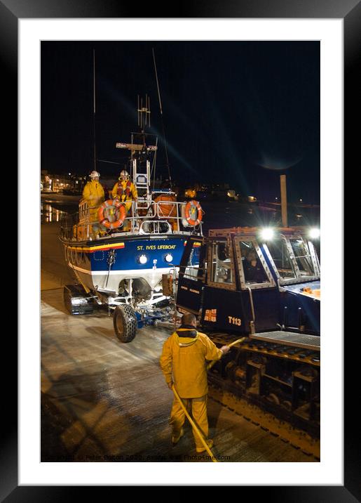 'Back from a shout'. St. Ives lifeboat returning at night. Cornwall, UK Framed Mounted Print by Peter Bolton