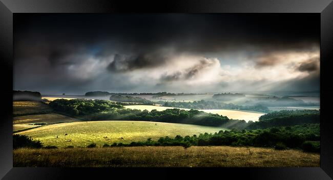 Rural landscape stormy daybreak Framed Print by Simon Bratt LRPS